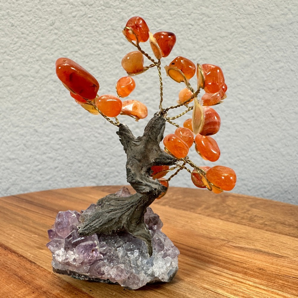 VTG Carnelian Gemstone Bonsai Tree Amethyst Cluster Base‎ Gold Wire Wrapped 4"